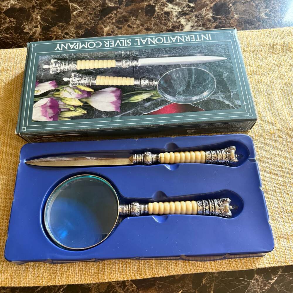 International Silver Company Silverplated Glass Magnifier & Letter Opener Set No